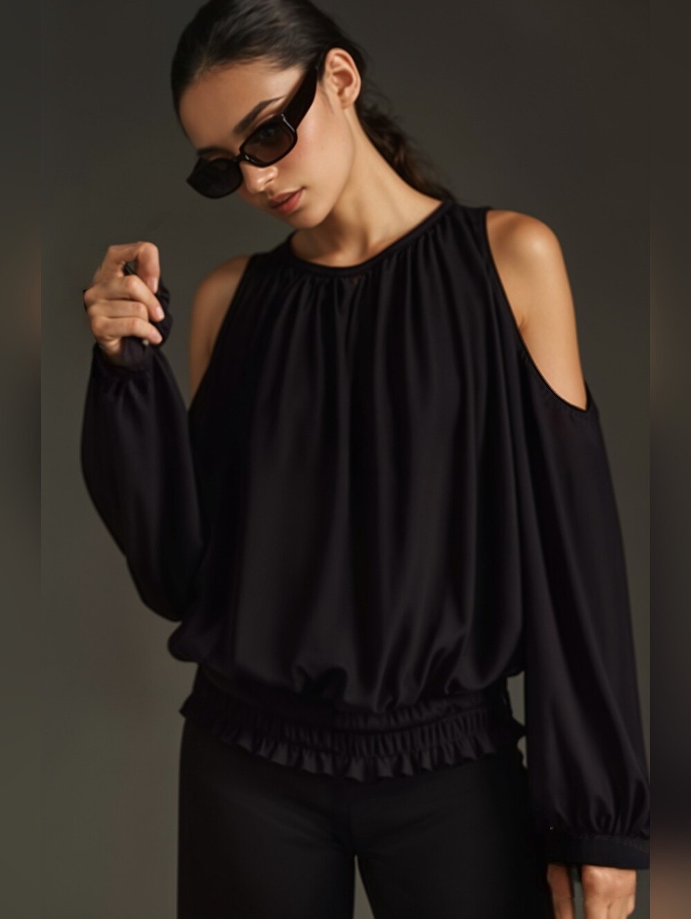 Jennifer Lopez Cold-Shoulder Black Blouse with Smocked Waist - Picture 2 of 8